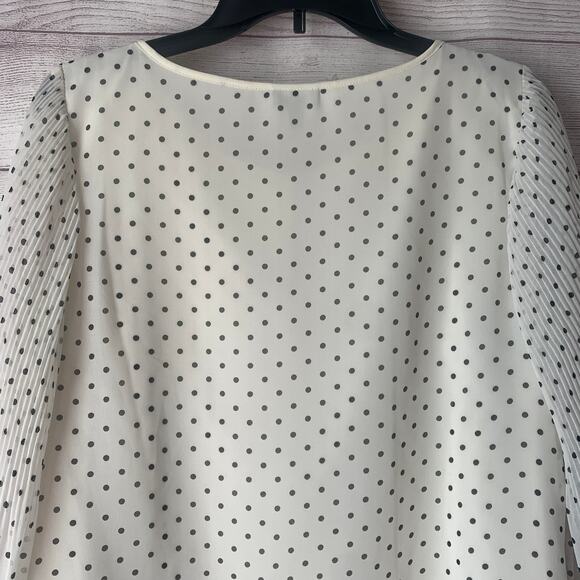 Talbots Off-White with Black Polka Dot Blouse Front Keyhole Ruffle Cuffs Size M - Picture 7 of 11